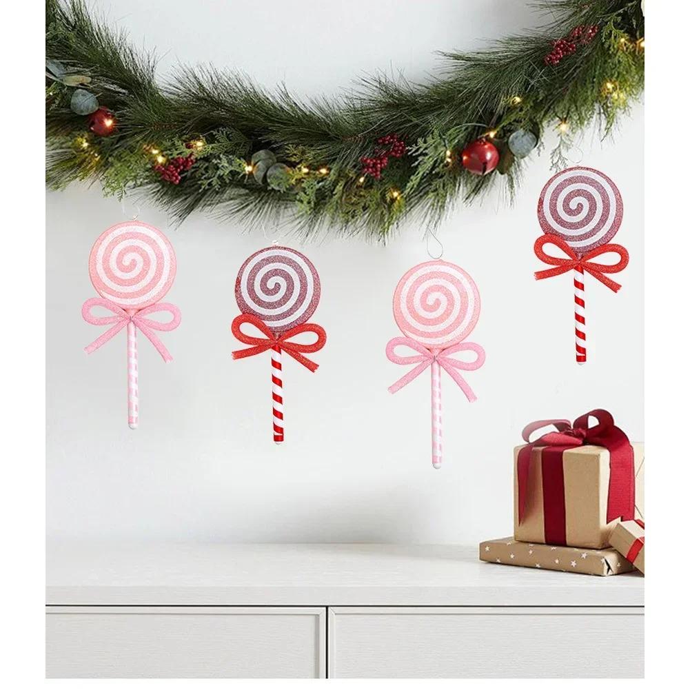 4pcs Christmas Lollipop Decoration Christmas Red And Pink Lollipop Ornament With Bow Holiday Treats Hanging DIY Decorations