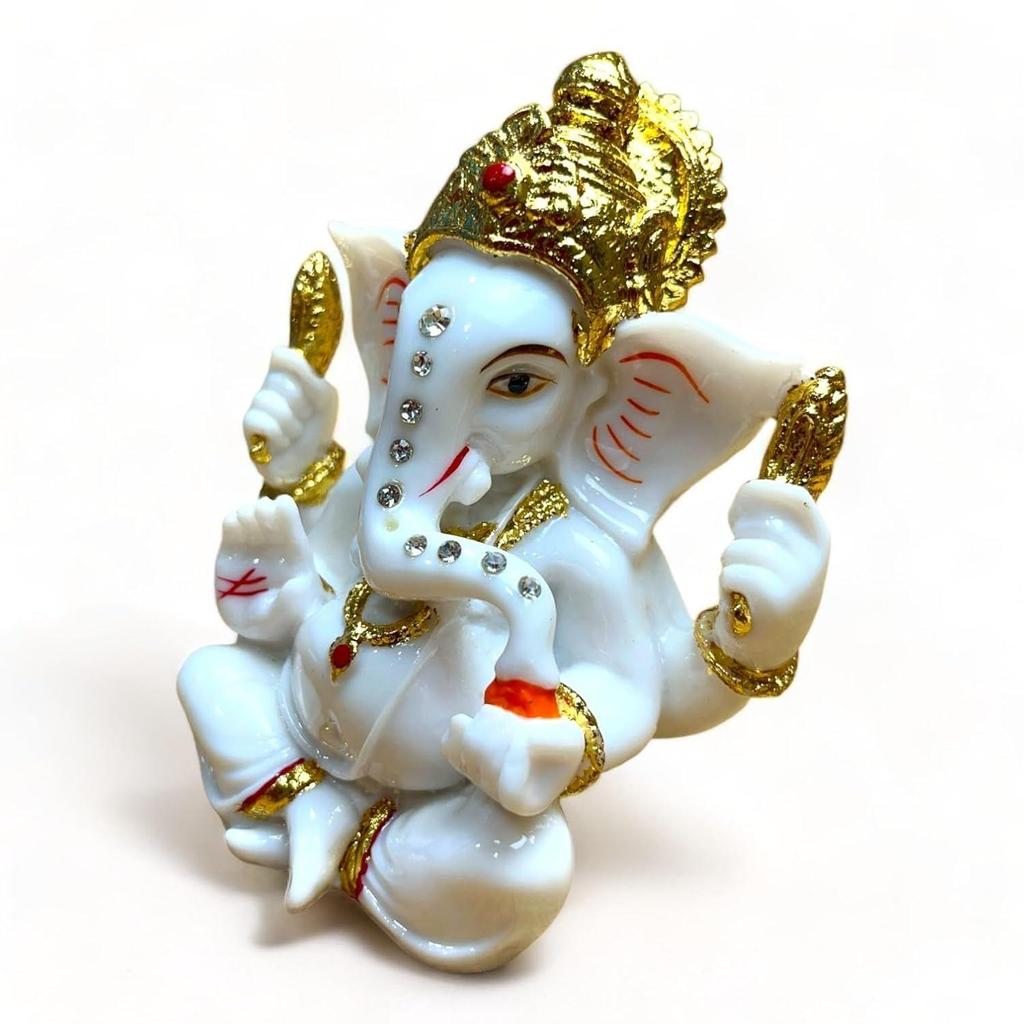 Handmade Marble Dust Lord Ganesha 4.5 Inch for Diwali God Idol Art Figurine for Home Car Dashboard Ganpati Ganesh Murti Temple Pooja Decorative