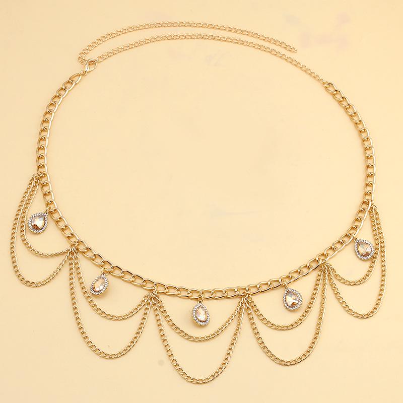 Trendy Rhinestone Gem Gold Crystal Wave Tassel Pendant Waist Chain