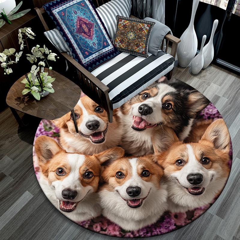 Corgi Dogs Round Area Rug,Carpet Rug for Living Room Bedroom Sofa Playroom Decor,Non-slip Floor Mat