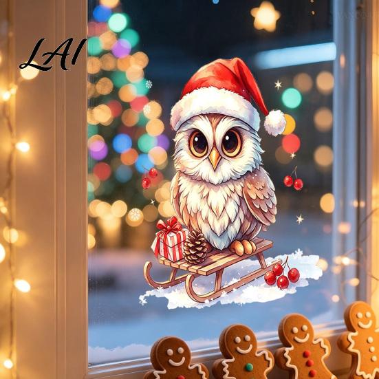 Indoor Outdoor Winter Ornaments Christmas Owl Window Static Cling Decal Waterproof PVC Decorative Sticker Easy Seasonal Home Decor Apply Sticker for