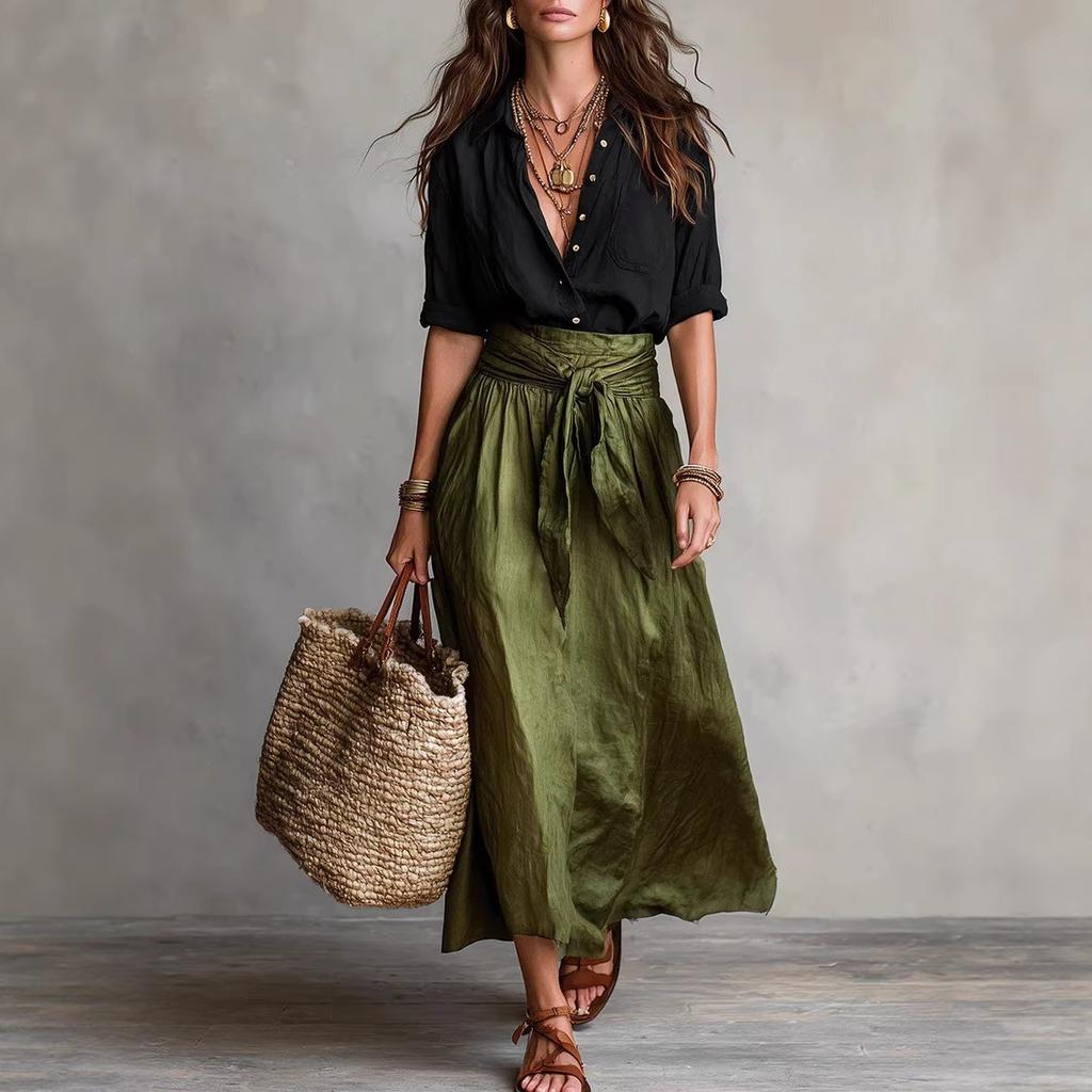 Black Short Sleeve Shirt and Green Tie Waist A-Line Skirt Set