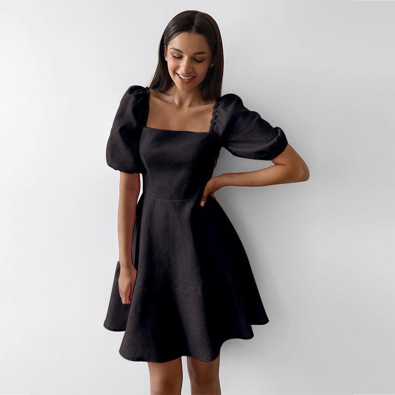 Personality Temperament Bubble Sleeve Patchwork Square Collar Zip Paragraph Solid Colour Fairy Dress Women Dresses