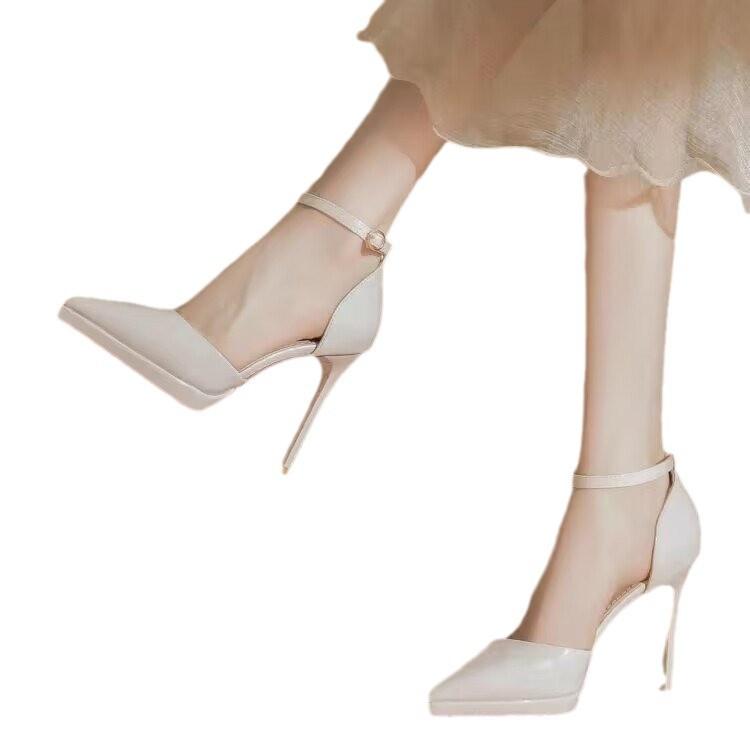 One Word with Waterproof Table High Heels Women's New Pointed Head Thin Heel Black Patent Leather Single Shoes Bag Head Hollow Sandals