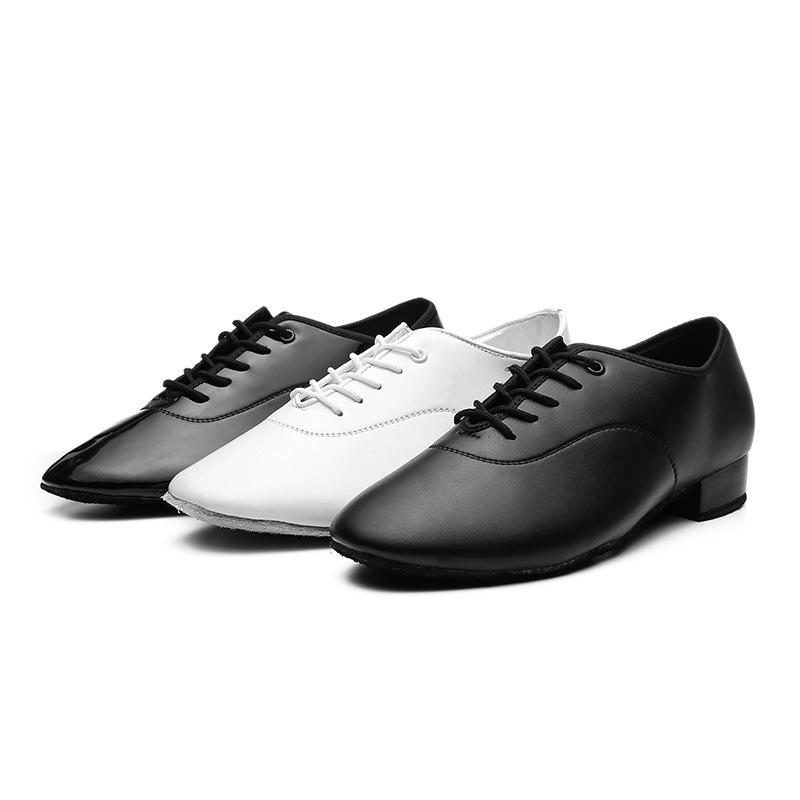 Men's Black & White Shiny Leather Low Heel Modern Dance Shoes with Soft or Fur Sole