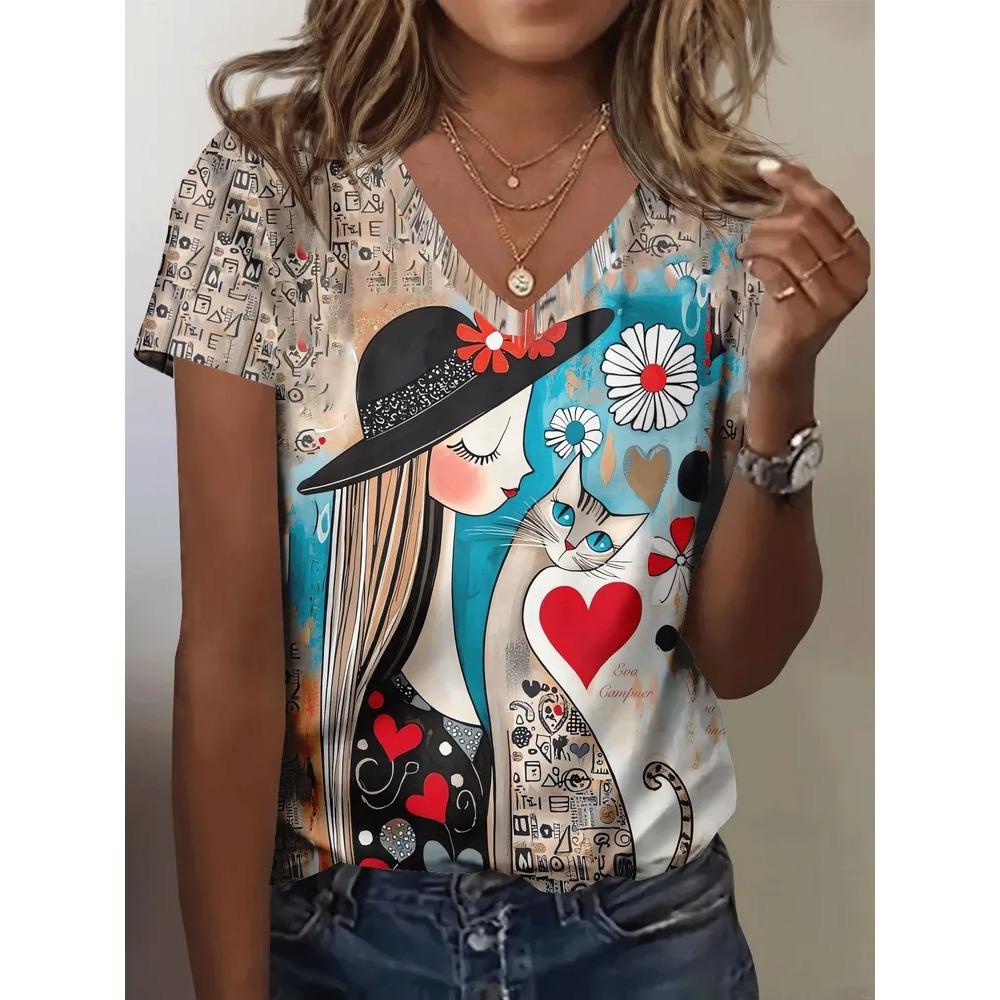 Fashionable Comfortable Breathable T-shirt Summer Colorful Retro 3D Pattern Women's V-neck Short Sleeved T-shirt