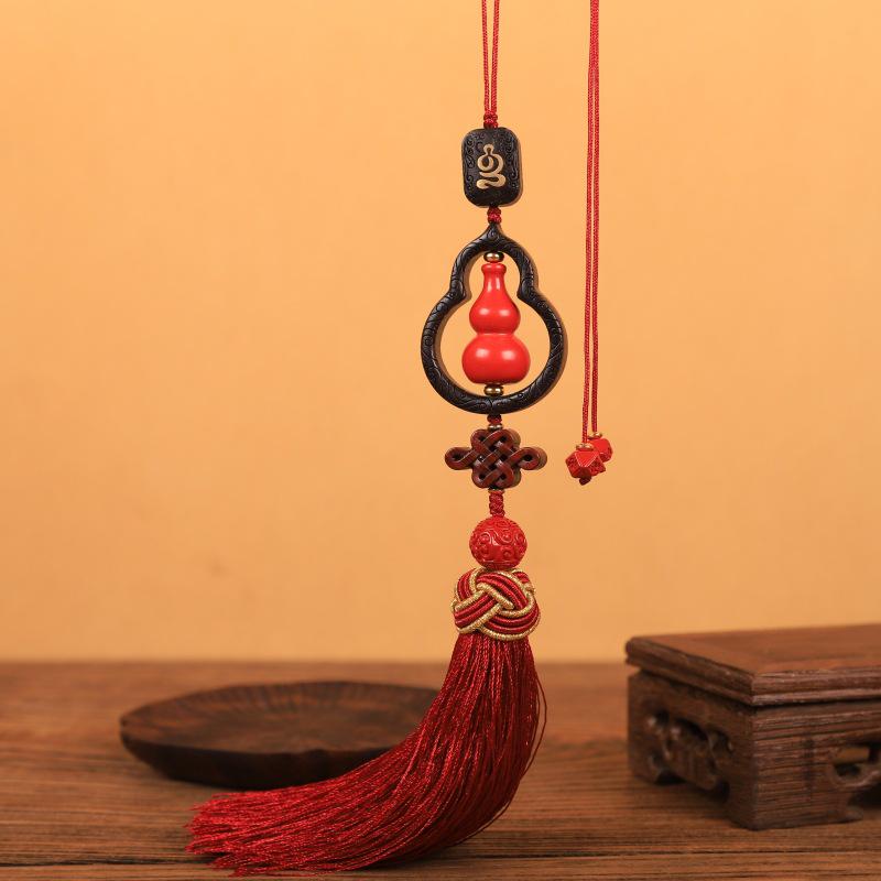 Chinese Red Cinnabar Gourd Car Pendant: Men's Blessing and Peace Charm, Compact and View-Friendly.