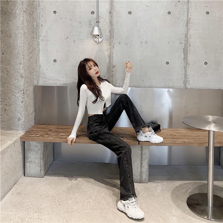 WTEMPO Split Jeans Women's High Loose Casual Washed Denim Straight Long Wide Leg Pants