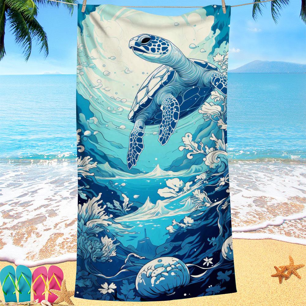 Turtle print pattern digital-printed polyester Superfine fiber double-sided fleece Beach vacation bath towel, beach towel