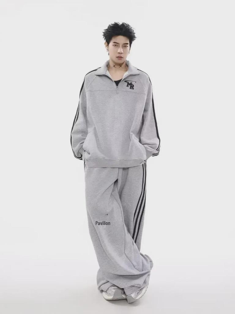Men's Autumn American Retro Sports Suit: High-Street Stand-Up Collar Sweater and Trousers Two-Piece Set