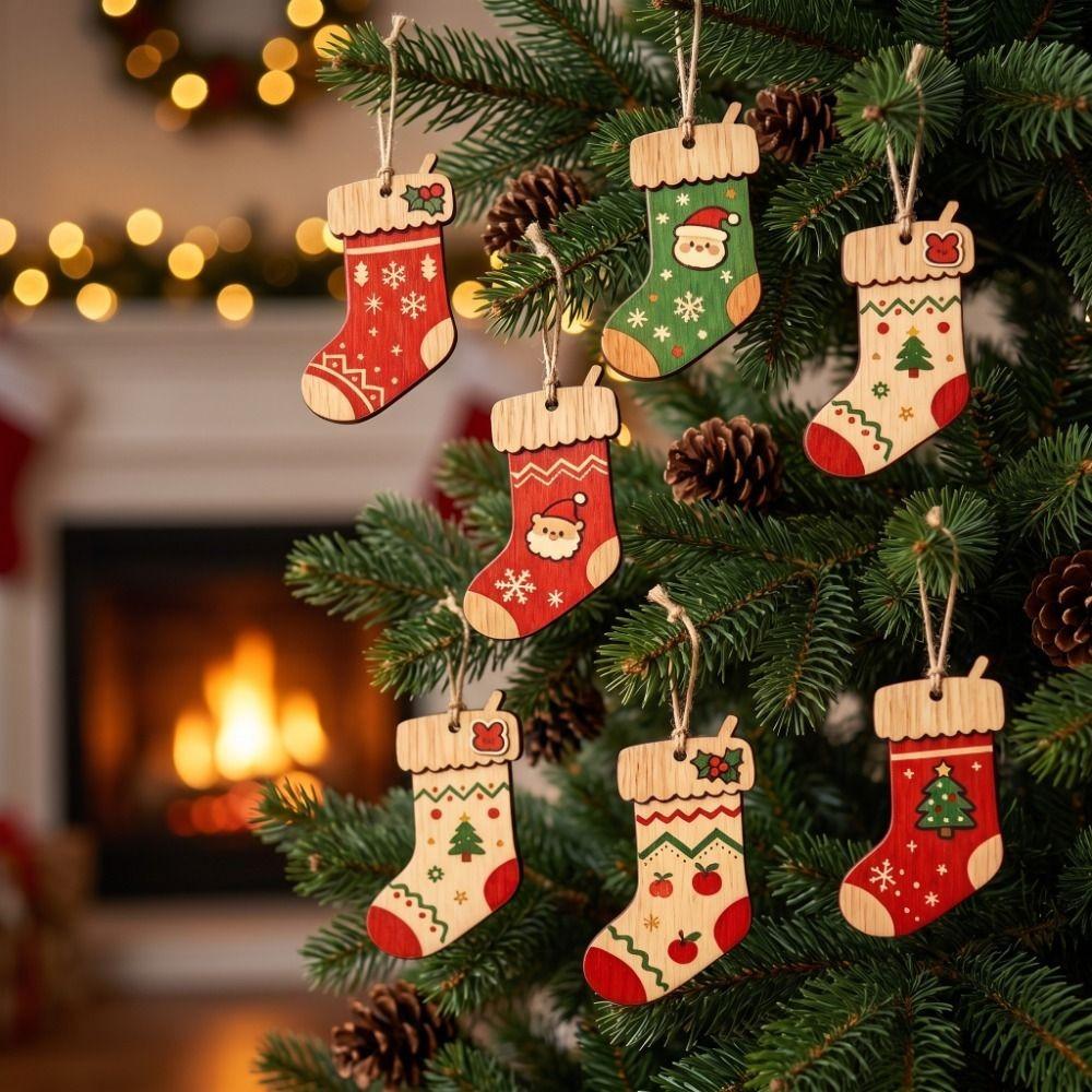 9 pcs 2D Flat Christmas Tree Ornament Sock Shape Hanging Decoration Cartoon Xmas Pendant Winter
