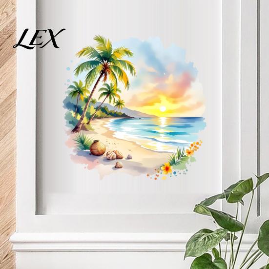 Adesivo da Parete Rotondo per Spiaggia Tramonto Palma Costa, Adesivo Paesaggio Estivo Acquerello, Decorazione Artistica per Soggiorno Cocco Tropicale Bambini