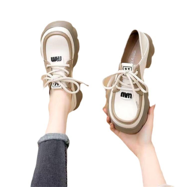 Wiosenne nowe miękkie skórzane mokasyny z okrągłym noskiem damskie pojedyncze buty sznurowane podwyższane na grubej podeszwie muffin małe skórzane buty