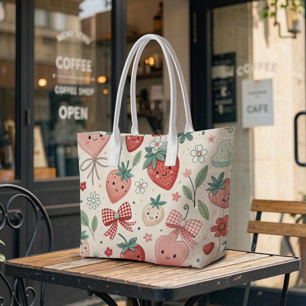 Cute Strawberry Pattern Tote Bag Casual Portable Shopping Shoulder Bag for Daily Use
