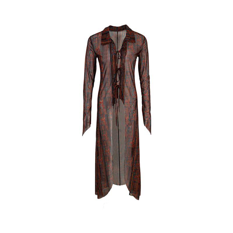 

Retro Long Semi-Transparent Sun Protection Cardigan Lace-up Mesh Burgundy M