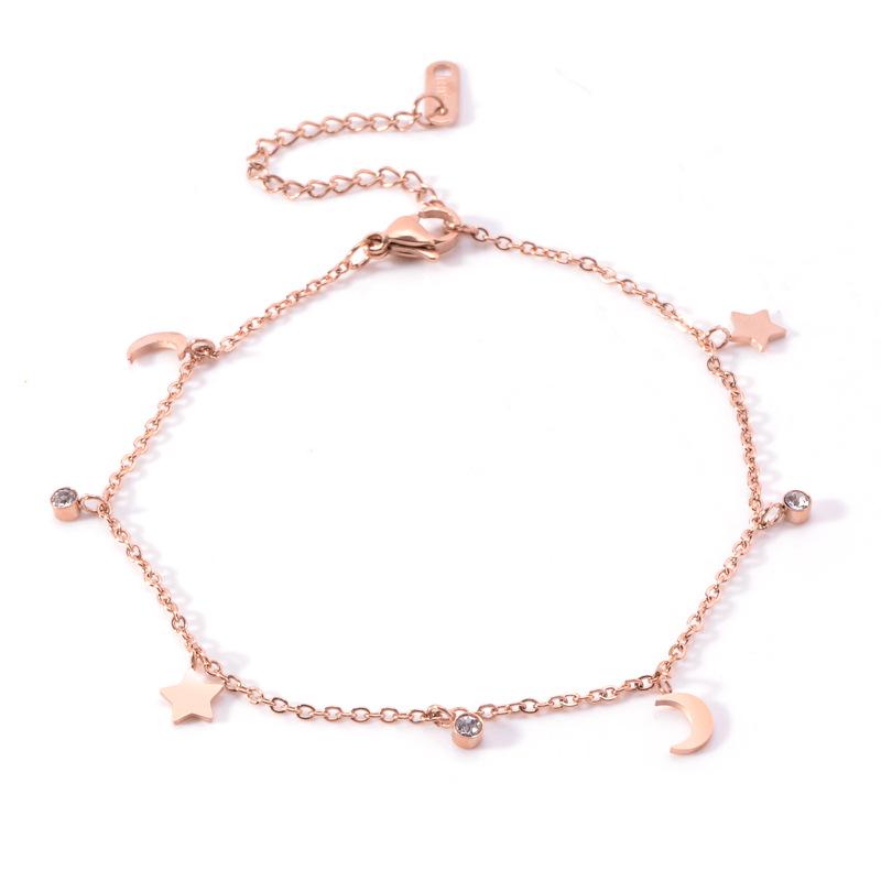 Korean 18K Rose Gold Star & Moon Titanium Steel Anklet with Diamonds - Unique Women's Forest Style, Non-Fading.
