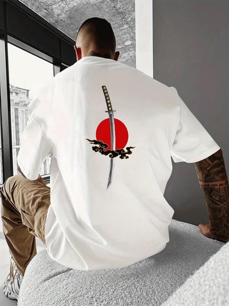 Unisexs Summer Crew Neck Short Sleeve T Shirt Back Print Japanese Katana Red Sun Cloud White Tee Streetwear LooseCasual Fashion Top