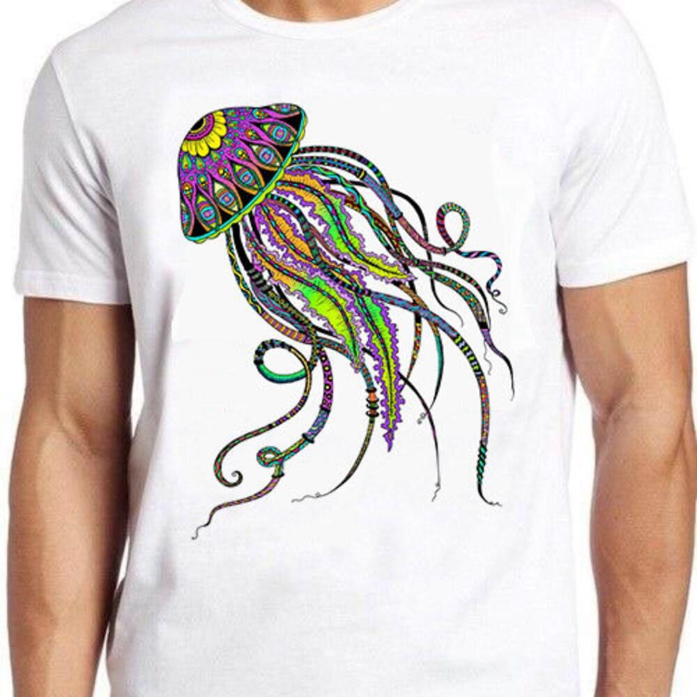 

230GSM 100% Cotton T-Shirt Psyhedelic Jellyfish T Shirt Electric Retro Cool Gift 413 XS белый