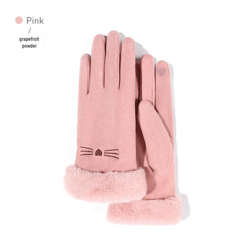 

Бархатные Теплые Женские Зимние Велоперчатки: Ветрозащитный, Сенсорный, Плюшевый, Милый Вышитый Трикотаж (DY38) One Size розовый