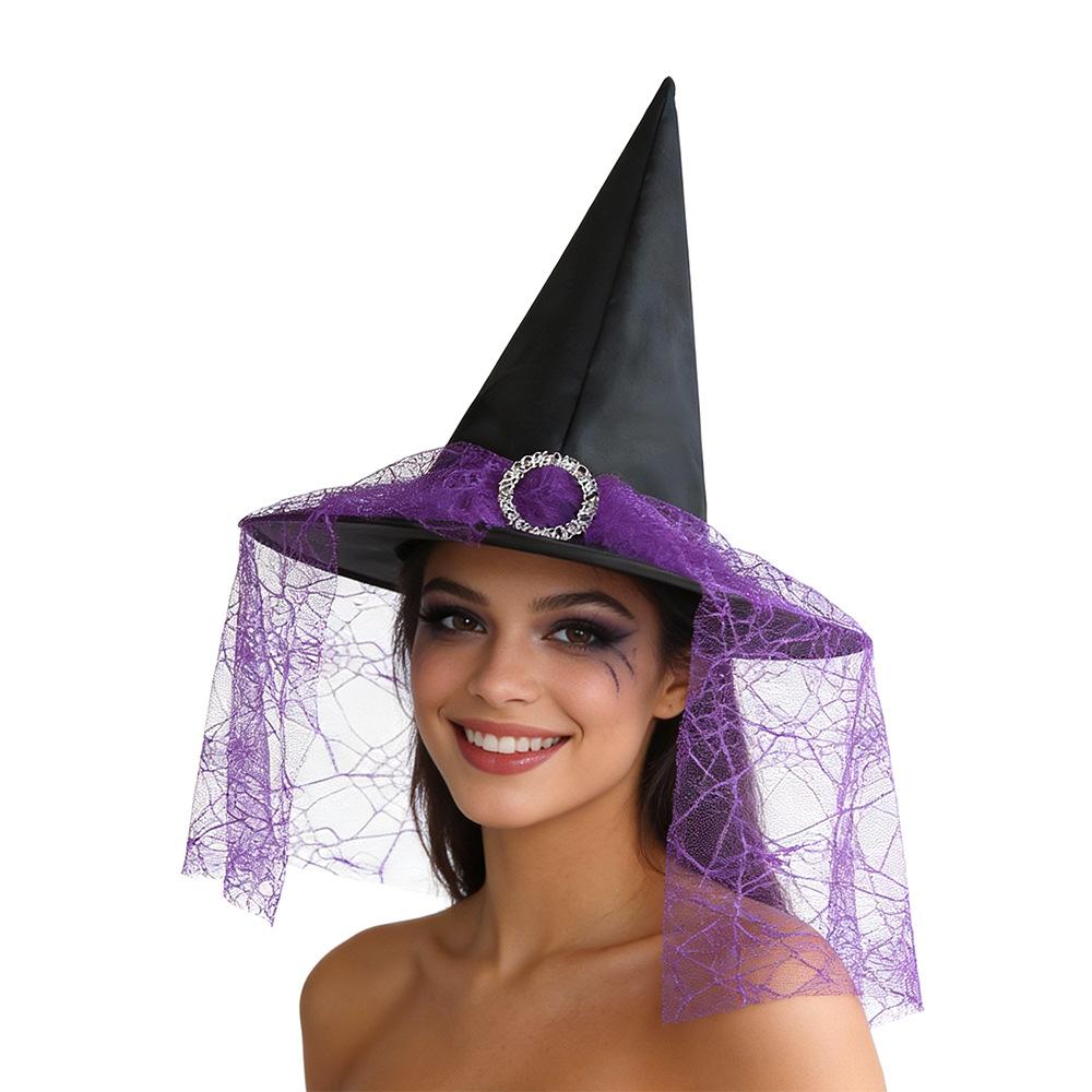 Halloween Witch Hat with Silver Buckle  Veil Kids Adult Cosplay Costume Prop Spooky Party Headwear