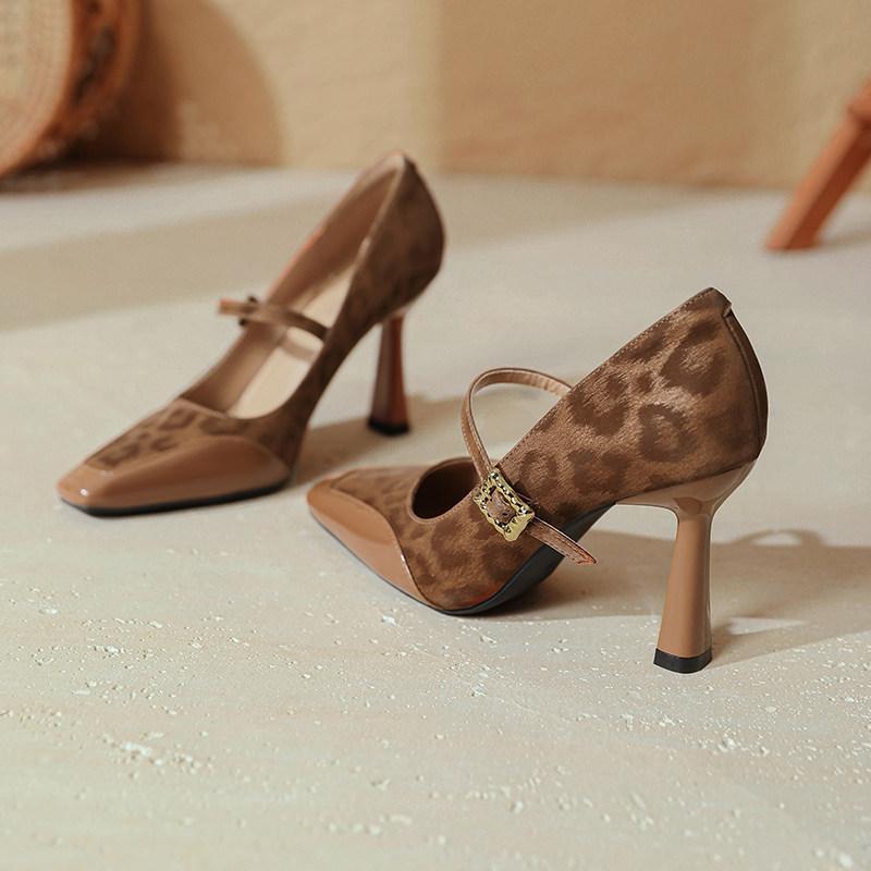 First encounter with leopard print royal sister brown high heels 2025 autumn new Hong Kong style single shoes with coat Mary