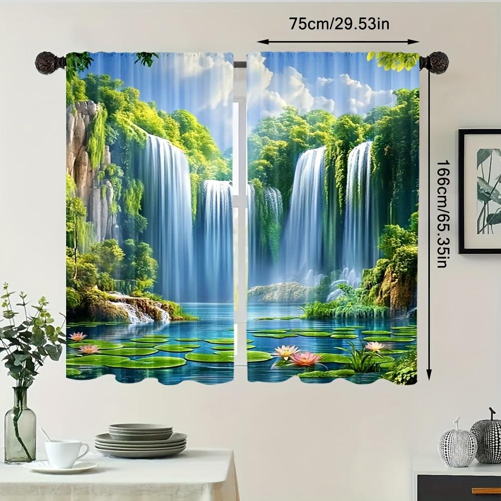 2pcs Waterfall & Tree Scenery Print Semi-Blackout Curta - Rod Pocket, Machine Washable, Fade Resistant Polyester Window Panel