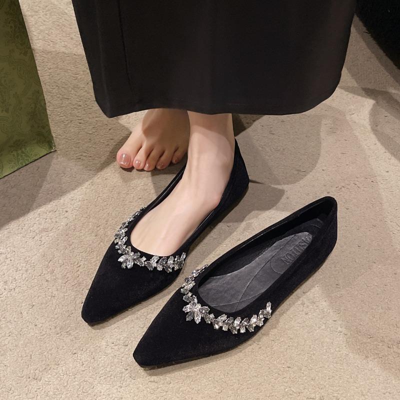 Spring New Single Shoe Women Fashion Pointed Shallow Mouth Suede Glitter Soft Sole Anti-slip Wear-resistant Flat Shoes