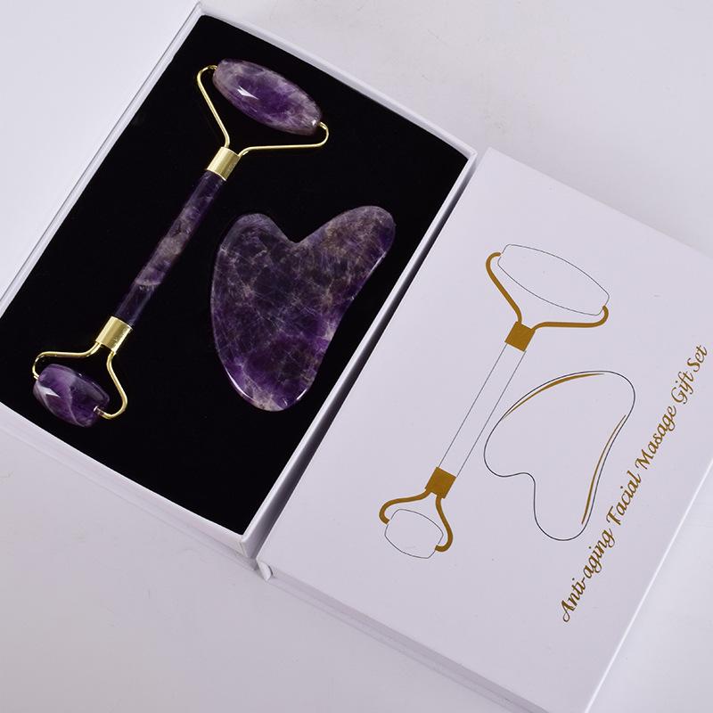 Natural Amethyst Jade Roller Gua Sha Set Gouache Scraper Board Face Lifting Anti-Wrinkle Beauty Skin Care Body Massage Tools