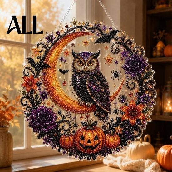 Sparkling Craft Kits for Teens Halloween Ghost/Owl Diamond Art Hanging Ornament Kit, Indoor Holiday Decorative Accents Painting Suncatcher,
