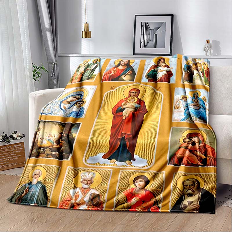 Retro Jesus Virgin Mary Art Flannel Blanket,Ultra Soft Warm Plush Throw for Home Bedroom Bed Sofa Cover Office Travel Gift Kid