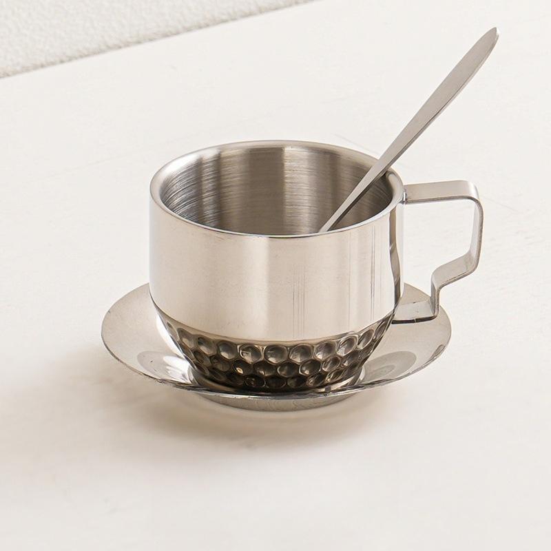 Elegant Coffee Cup with Scoop Saucer,304 Stainless Steel,Espresso Cup,Milk Mug,Cappuccino for Afternoon Tea Camping Cafeteria