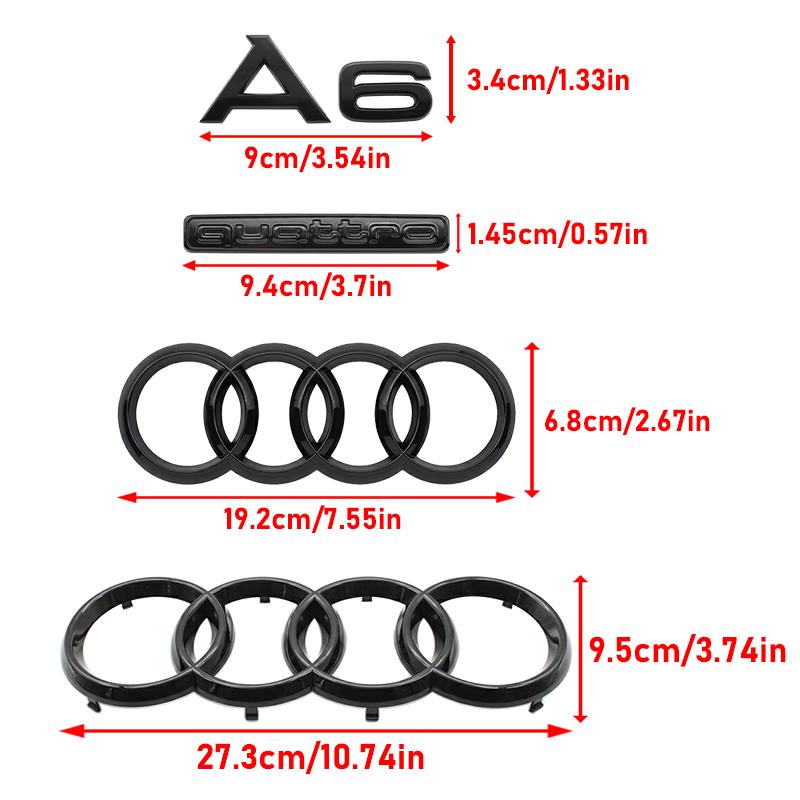 ABS Car 273mm Hood Front Grill 192mm Rear Trunk Emblem For AUDI A6 2020-2023 4Ring Logo Sticker A6 Quattro Mark Auto Accessories