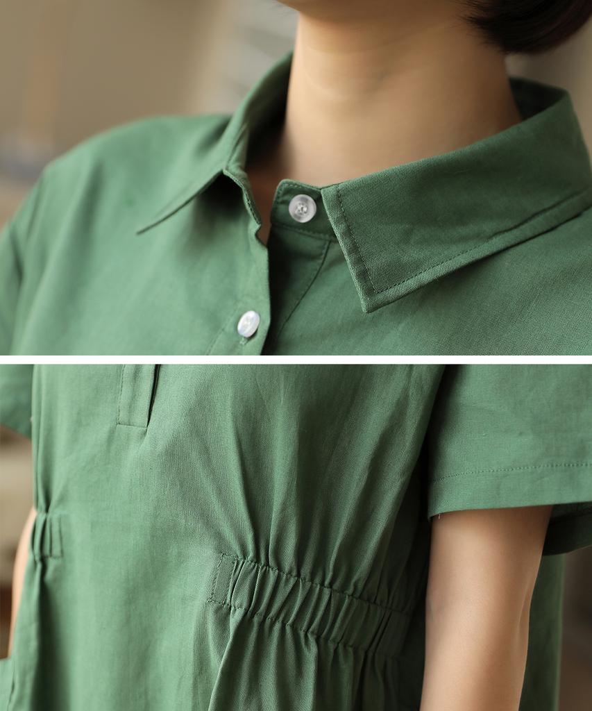Ppaeppae Side Banding Collar Neck Linen Touch Midi Dress