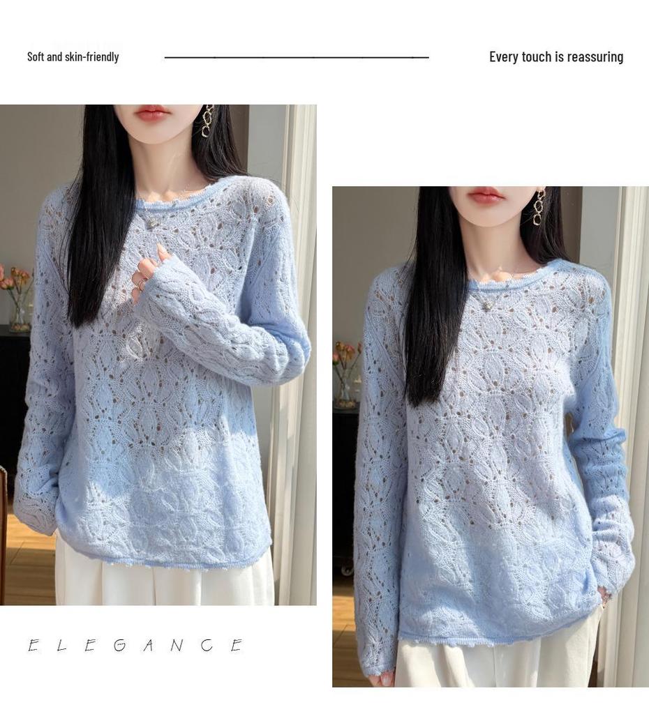 ER26 Spring Hollow Flower Knit Top - Sweet Crochet Texture Pullover for Women