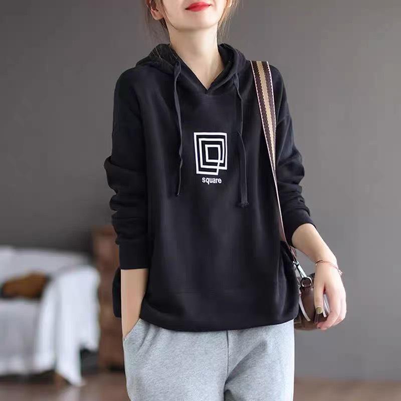 

Women s Loose Hooded Pullover Sweatshirt, 2026 Spring Collection - Versatile, Short, Long Sleeve Outerwear 2XL (140-155 lbs) чёрный