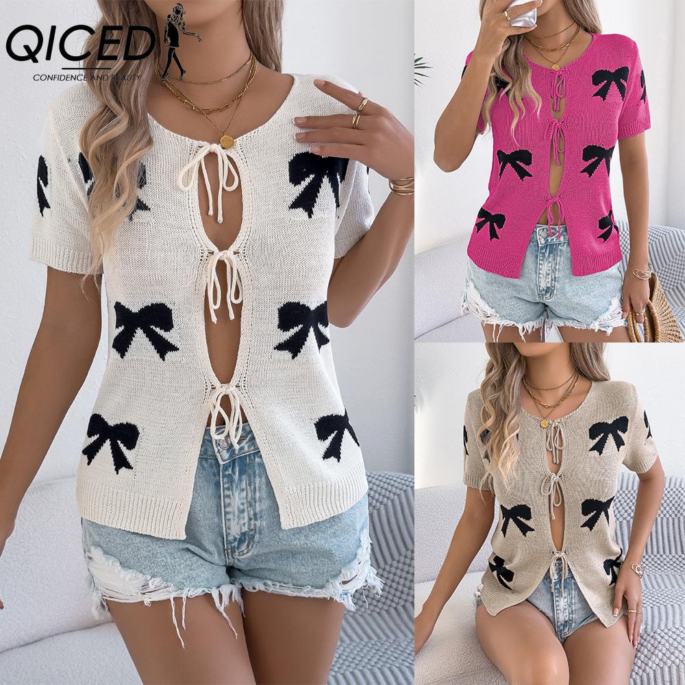 QICED Spring Summer Casual and Sexy Color-blocking Bow Tie Knit Sweater Vacation Cardigan Women's Wear