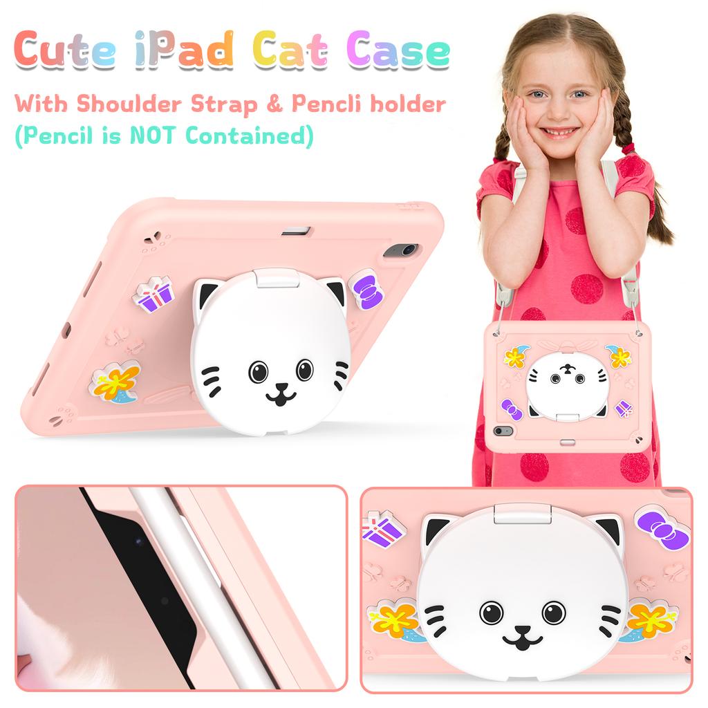 For iPad Air 11 (2025)/(2024) Case PC + Silicone Tablet Cover with Cat Kickstand/Shoulder Strap