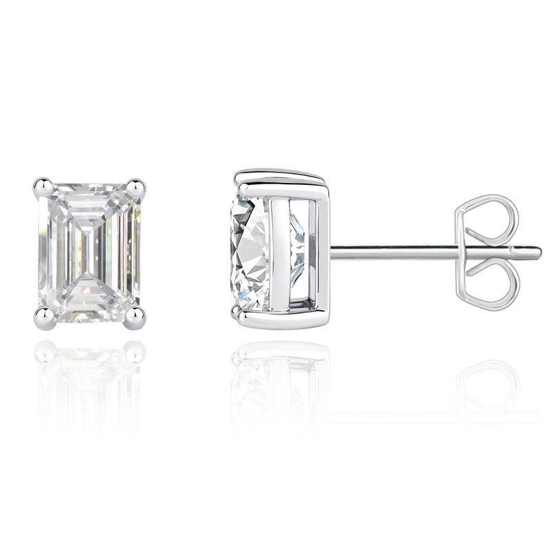 1 Carat Rectangular Emerald Cut Moissanite Stud Earrings in S925 Silver with PT950 Platinum Plating 925 Silver