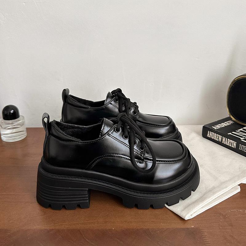 Retro British Style Black Small Leather Shoes Women's Autumn New Velvet Thick-soled Heightening Small Loafers