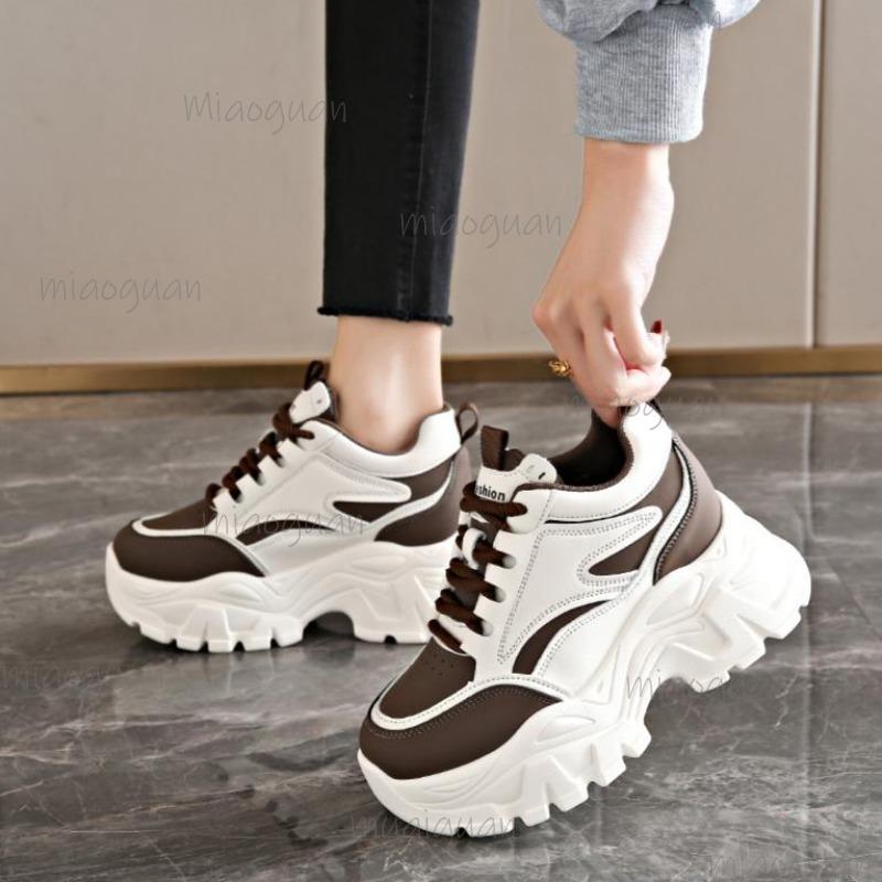 Chunky Sole Platform Sneakers Women's Lace-Up Thick Bottom Vulcanzied Shoes Female Pu Leather Non-Slip Sports Shoes Woman