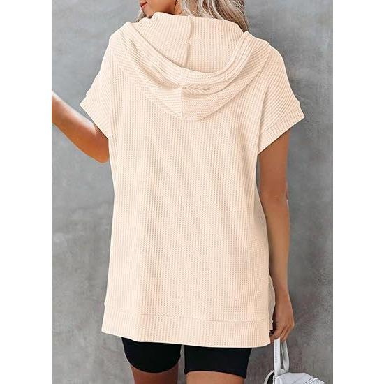 GMXIA Summer Drawstring Hoodie Waffle Knit Side Slit Belt Pocket T