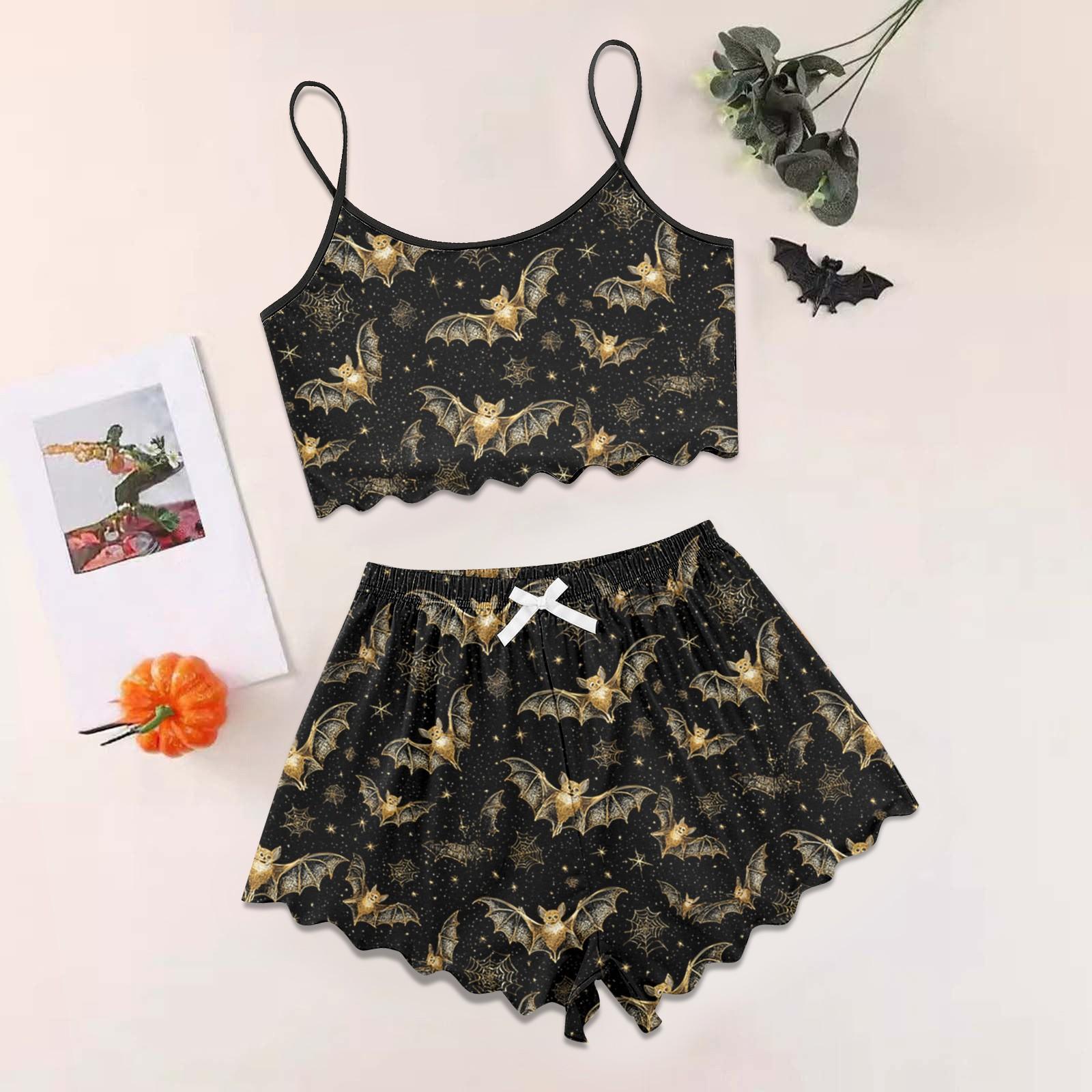 

Women s Halloween Set With Retro Floral Print Suspender Sleeveless Vest Shorts Pajama Set S чёрный