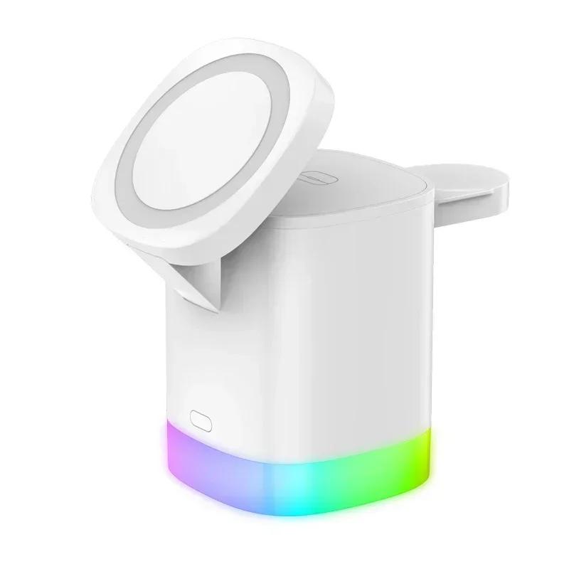 

Portable 3 in 1 Magnetic Wireless Charger RGB Light Phone Stand For iPhone 16 15 Pro AirPods iWatch 8 7 6 Fast Charging Station