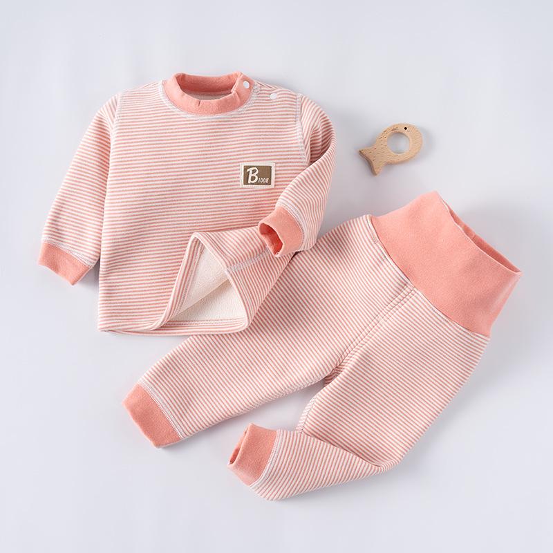 Herbst- und Winter-Kinderhausanzug-Set mit Plüsch und verdickten Baby-Armbändern, gestreifte Herbstkleidung und Hosen, Hausanzug-Set