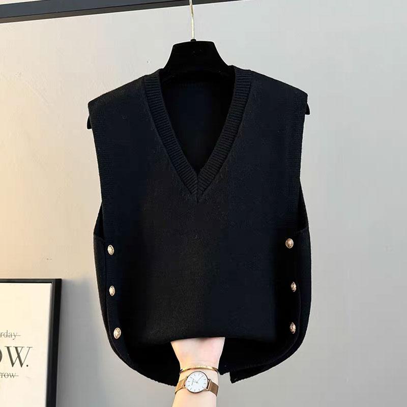 2025 Autumn Winter Sleeveless Knitted Pullover Women Sweater Vest Fashion Elegant V Neck Loose Outer Wear Casual Versatile Tank Tops Office Clothing