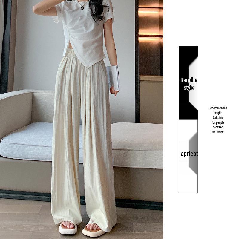 Women's Summer Blue Wide-Leg Ice Silk Pants - Casual Pleated Zen Style