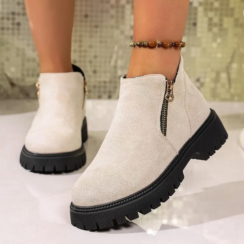 Fashion Stylish Side Zip Platform Single Shoes Autumn New Round Toe Suede Anti-slip Wear-resistant Short-thigh Boots