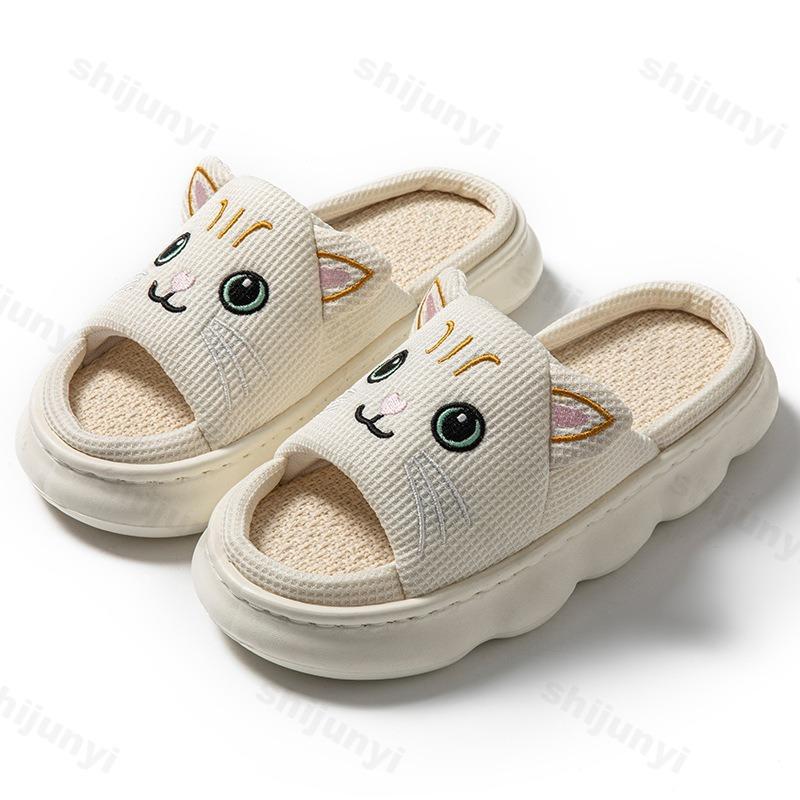Fashion Cute Cat Couple Women Slippers Fashion Breathable Indoor House Slippers Sweat-absorbing Linen Antiskid Comfort Casual Slippers
