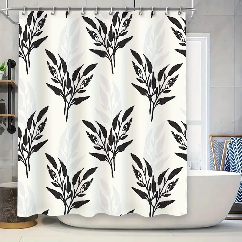 

White Bath Mat Black And White Floral Pattern Shower Curtain Polyester Waterproof Home Decor W60H190(CM)-1 Pcs