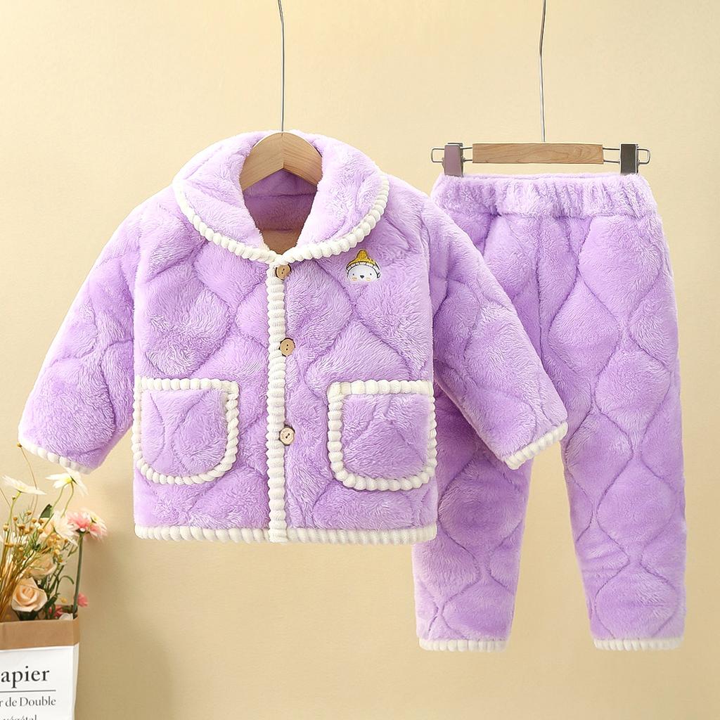 Children's Pajamas Set Thickened Winter Big Children's Flannel Boys and Girls Three-layer Thickened Warm Home Service Children's Clothing